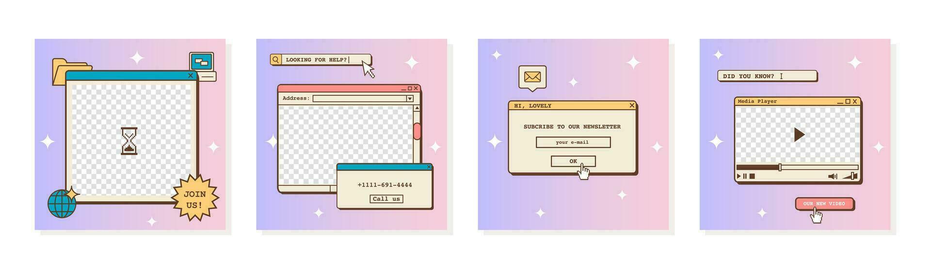 Set of vaporwave retro futuristic lofi post templates for social media. 80s 90s aesthetic square backgrounds with old computer user interface, dialog window and nostalgic elements. Vector illustration