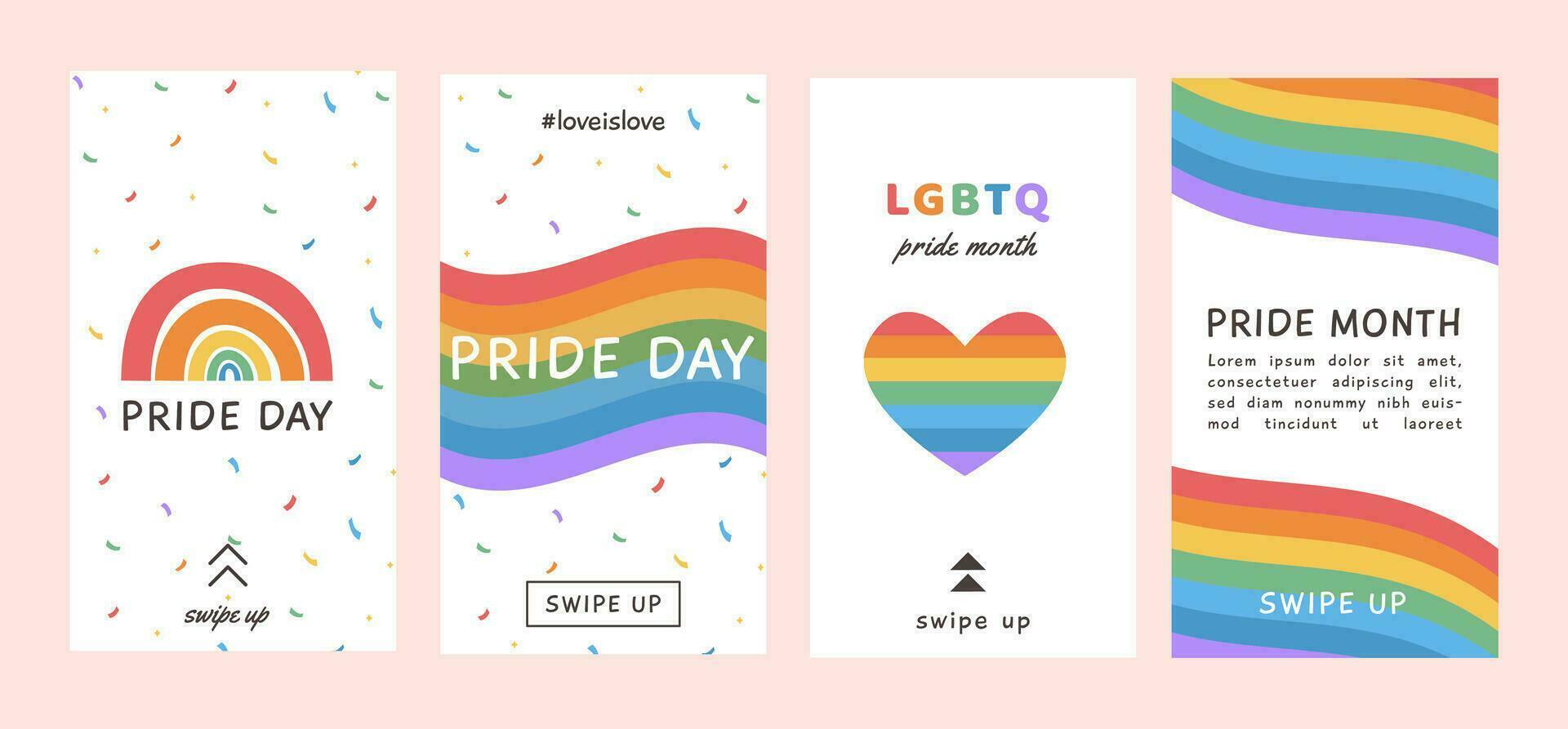 Vector Banner Template Set with LGBTQ people holding flags and placards. Social media post, stories templates. Vertical posters with LGBT rainbow flag. Background for pride month. Flat Illustrations.