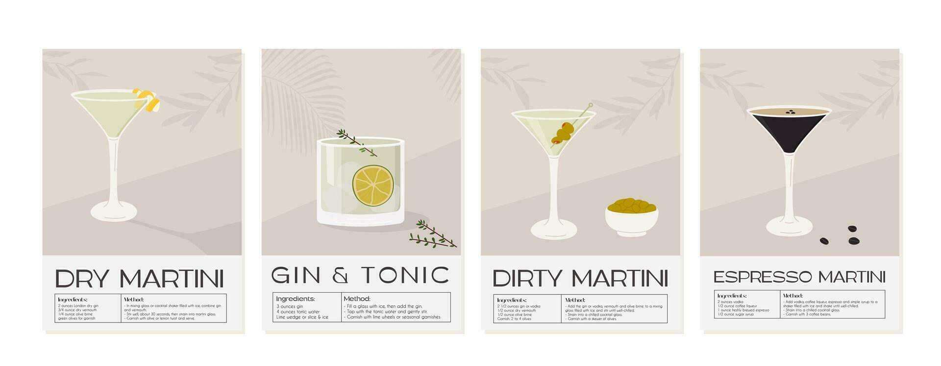 Set of summer aperitif recipe retro pastel posters. Gin Tonic, Espresso, Dry and Dirty Martini in glass with ice and garnishes. Wall art print with classic alcoholic beverage. Vector flat illustration