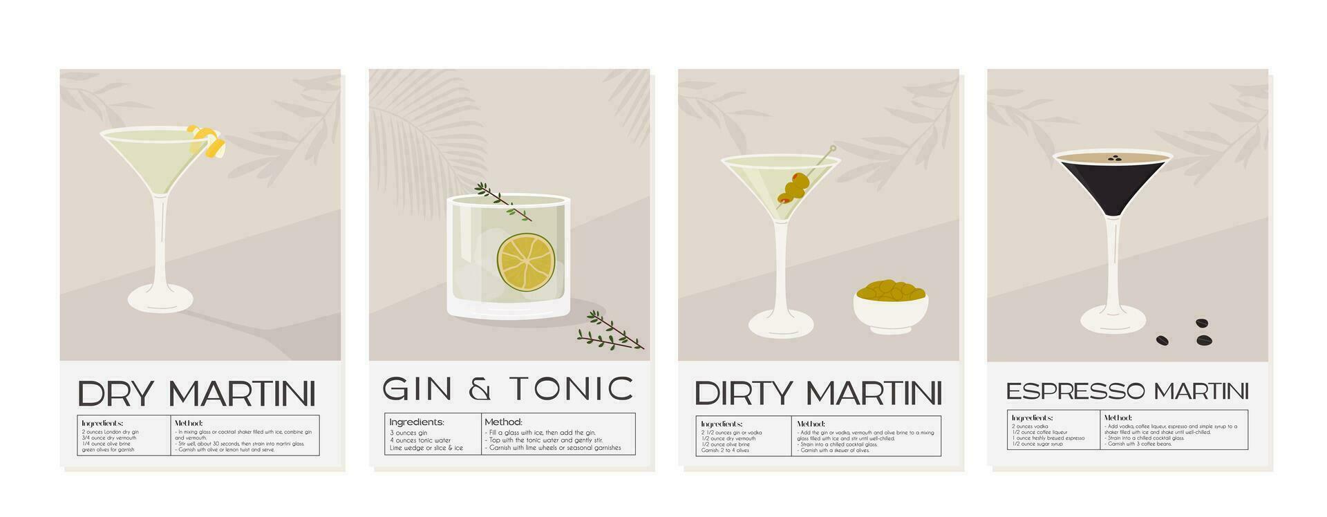 conjunto de verano aperitivo receta retro pastel carteles Ginebra tónico, Café exprés, seco y sucio martini en vaso con hielo y guarnaciones. pared Arte impresión con clásico alcohólico bebida. vector plano ilustración