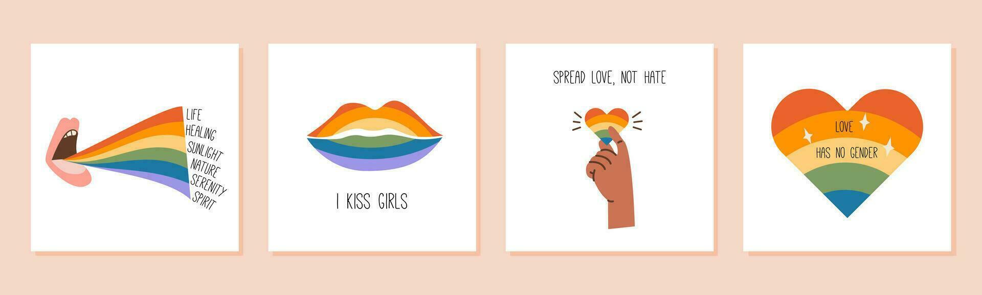 Pride month square cards with rainbow, LGBTQ symbols, phrases and slogans. Set of queer social media post with distorted checkerboard on background. LGBT banner in retro groovy 60s 70s style. Vector. vector