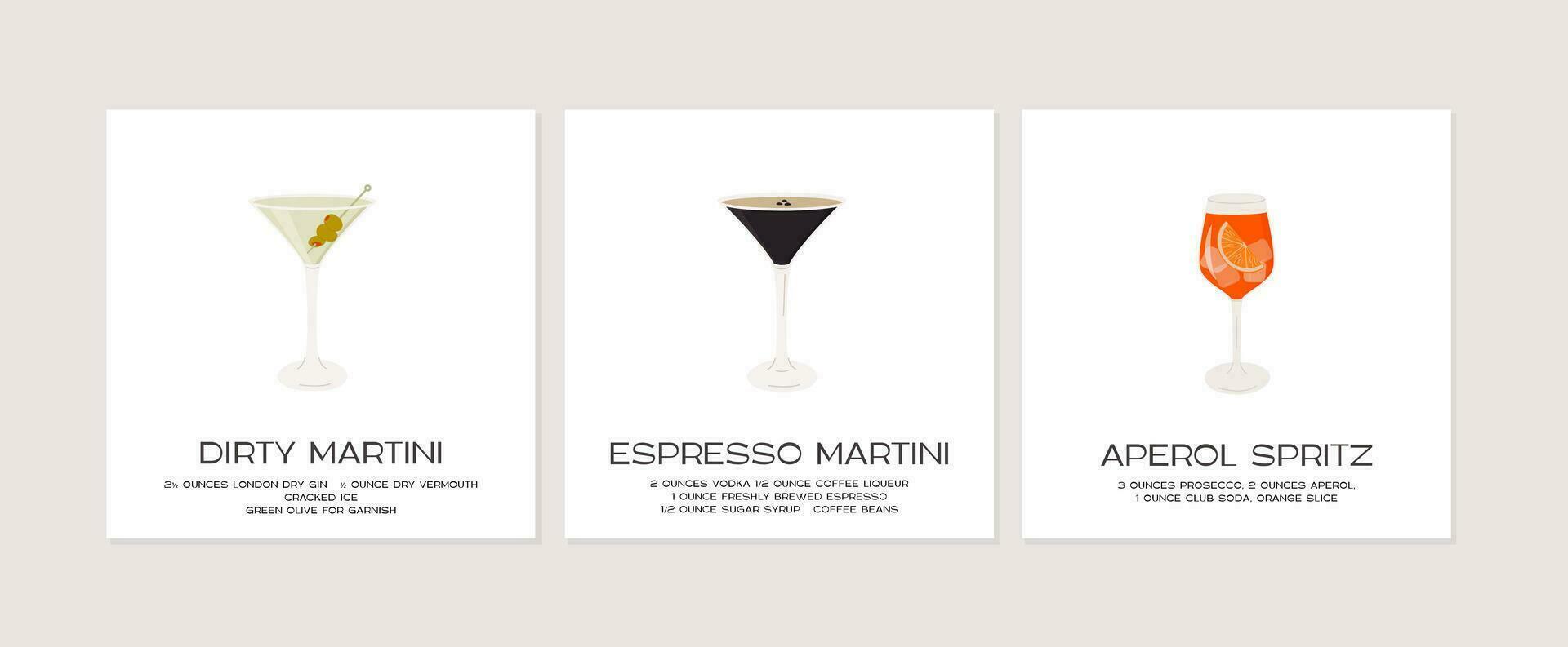 Espresso Martini garnished with coffee beans. Aperol Campari Spritz Cocktail in glass with ice. Dirty Martini and olives on skewer. Minimal print with alcoholic beverage on white background. Vector. vector