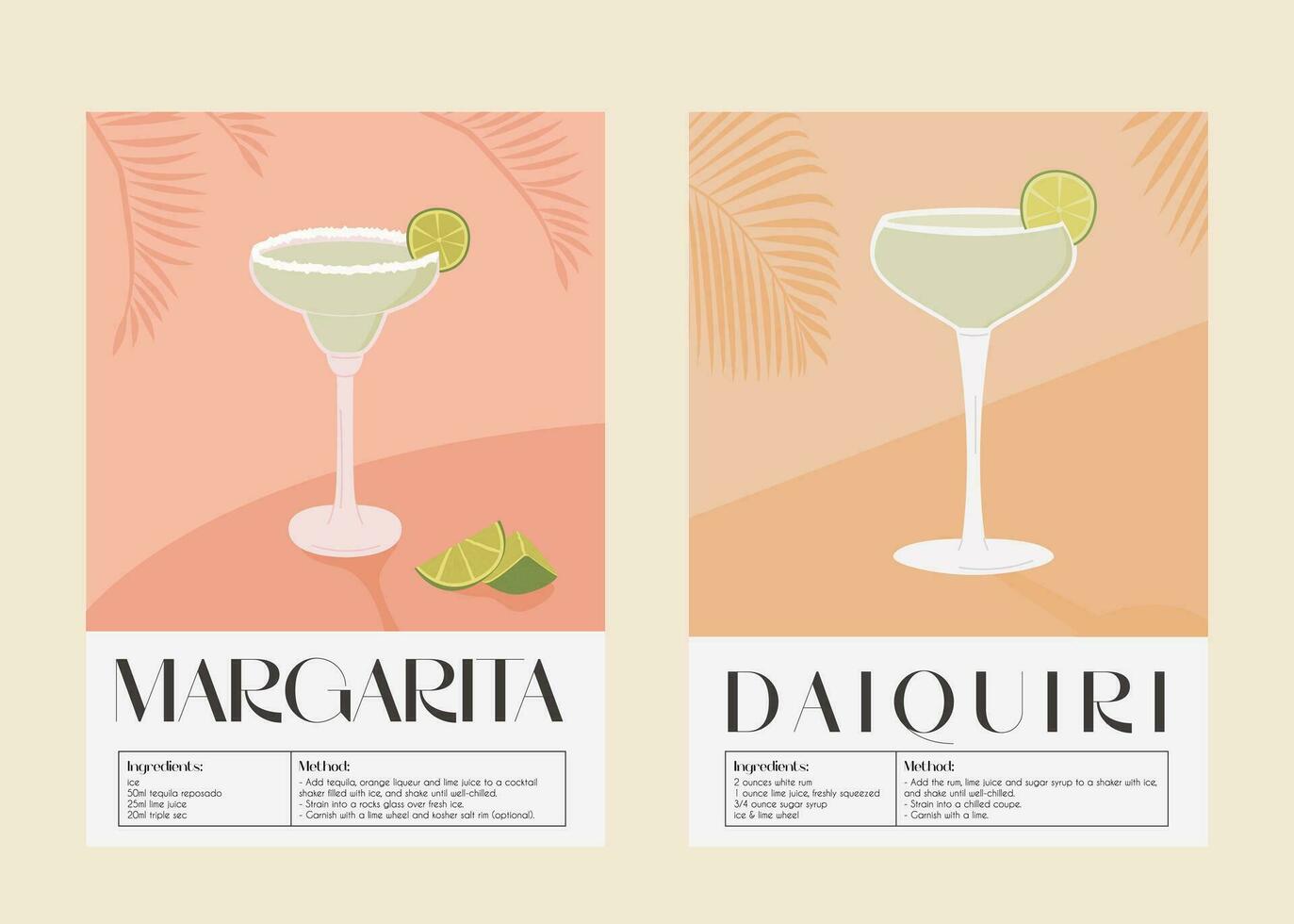 Daiquiri and Margarita Cocktail in martini glass with lime slice and salt garnishes. Print of summer aperitif recipe. Wall art poster with alcoholic beverage and palm shadow on background. Vector. vector