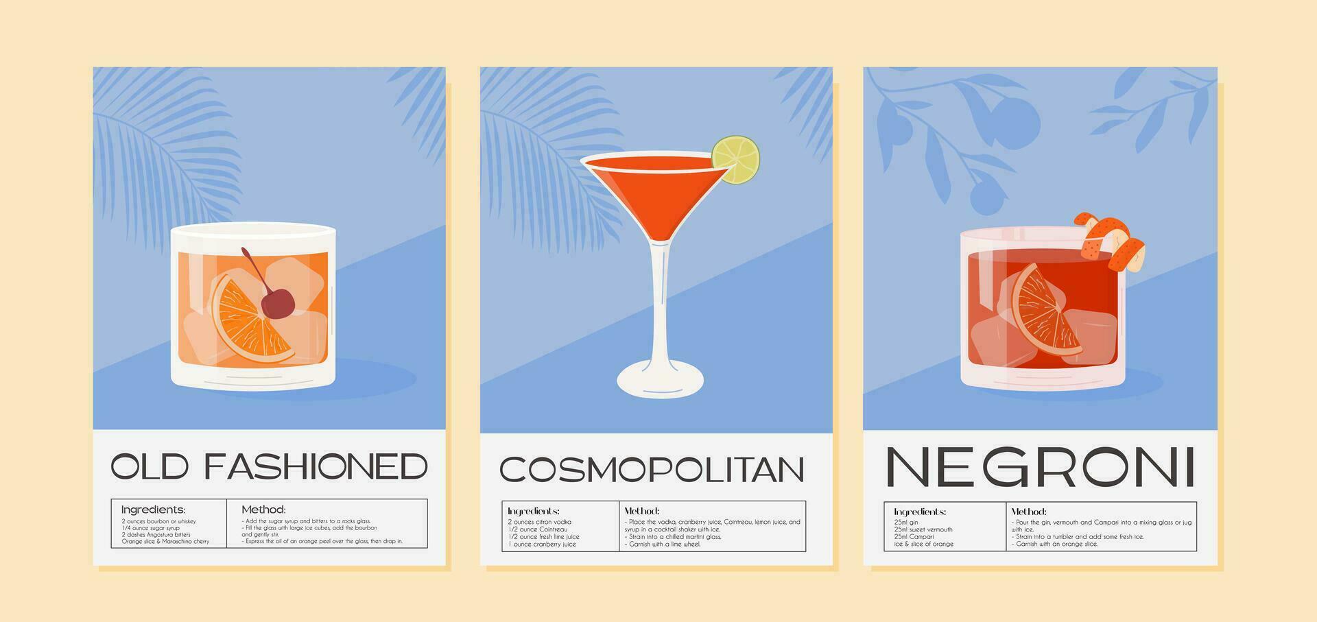 antiguo formado, negroni y cosmopolita cóctel pared Arte carteles alcohólico bebida adornar con naranja, Lima y cereza. verano aperitivo tropical vertical impresión. minimalista vector ilustración.