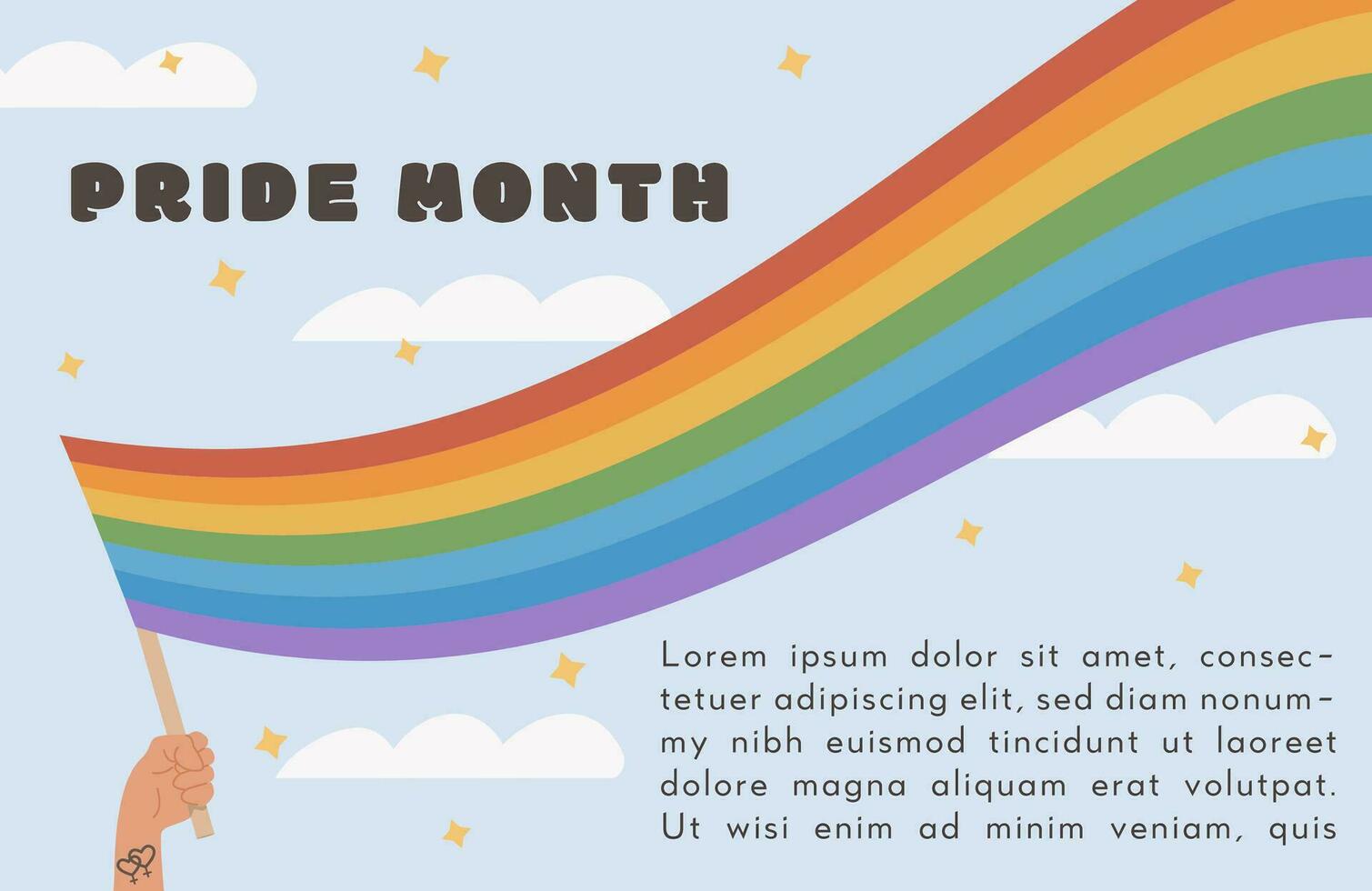 Vector Banner with caption Happy Pride Day. People Hands holding LGTB and Transgender flag during pride month celebration with confetti on background. Gay parade celebration. Poster. Flat Illustration