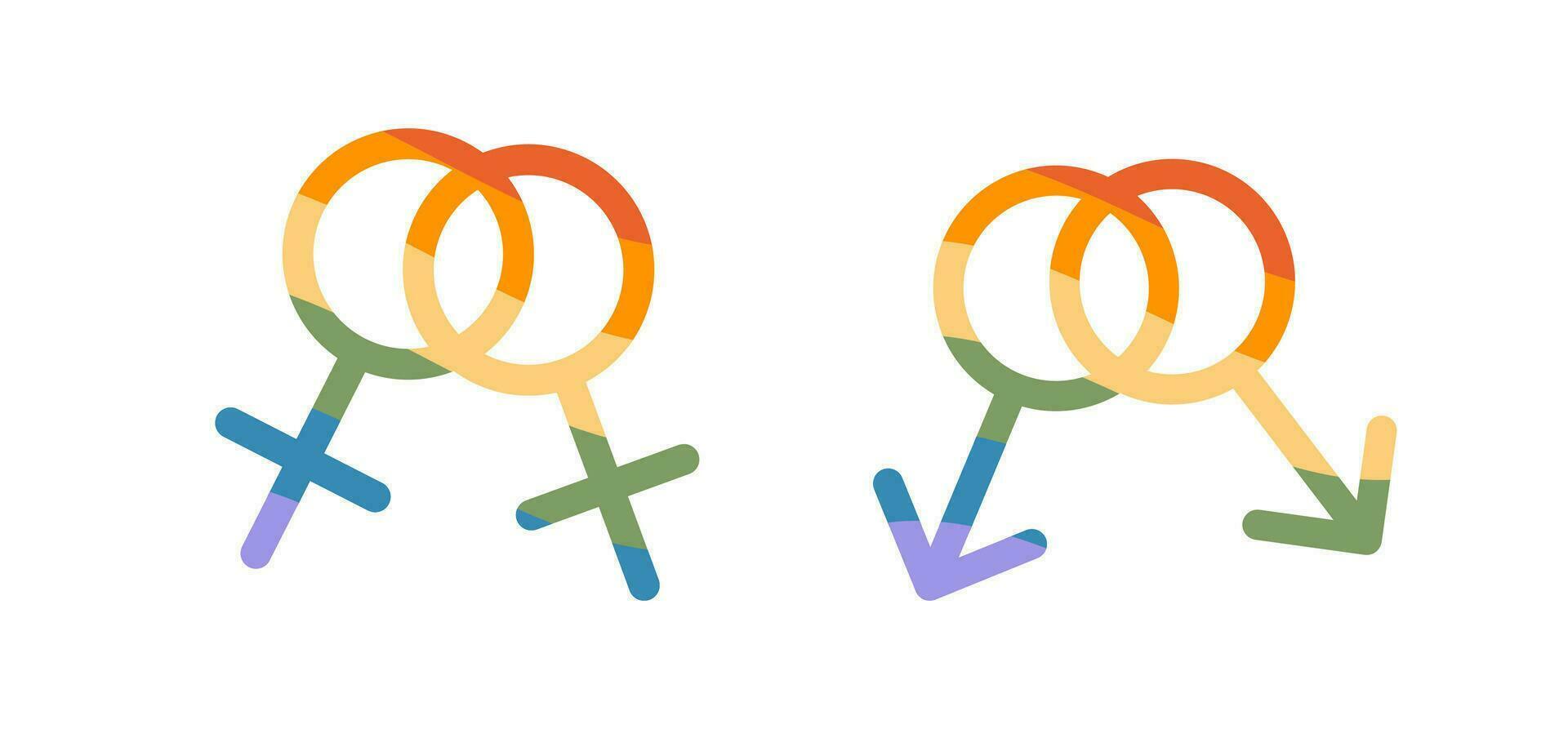 Same sex signs in LGBT rainbow flag colors. LGBTQ marriage. Homosexual couple. Pride month support flat style icons. Queer community. Gay parade. Vector flat style illustration.