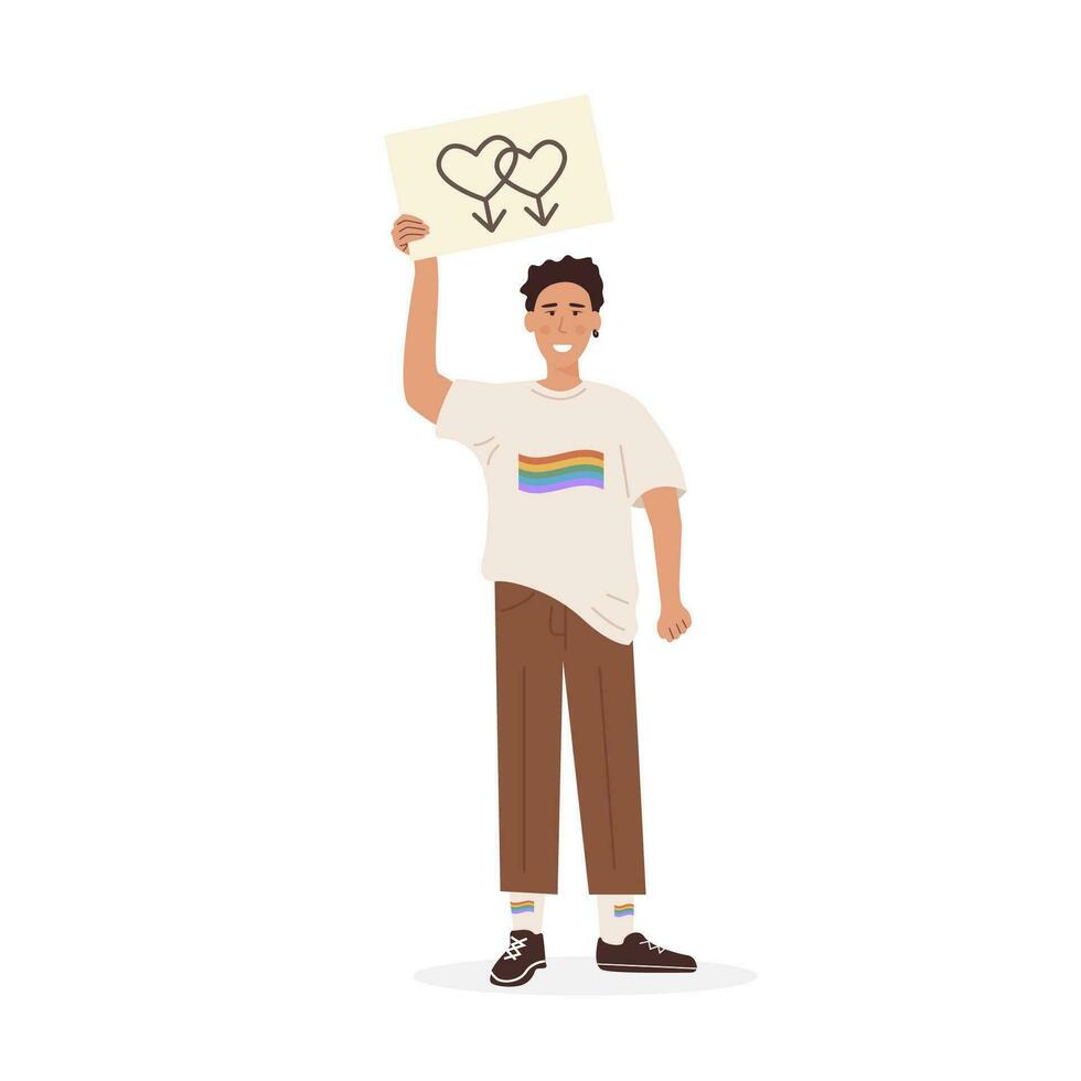 A Gay in shirt with rainbow flag and other queer symbols at pride parade holding placard with same sex sign. Men at demonstration for equal rights. LGTB activist. Vector flat character on white.