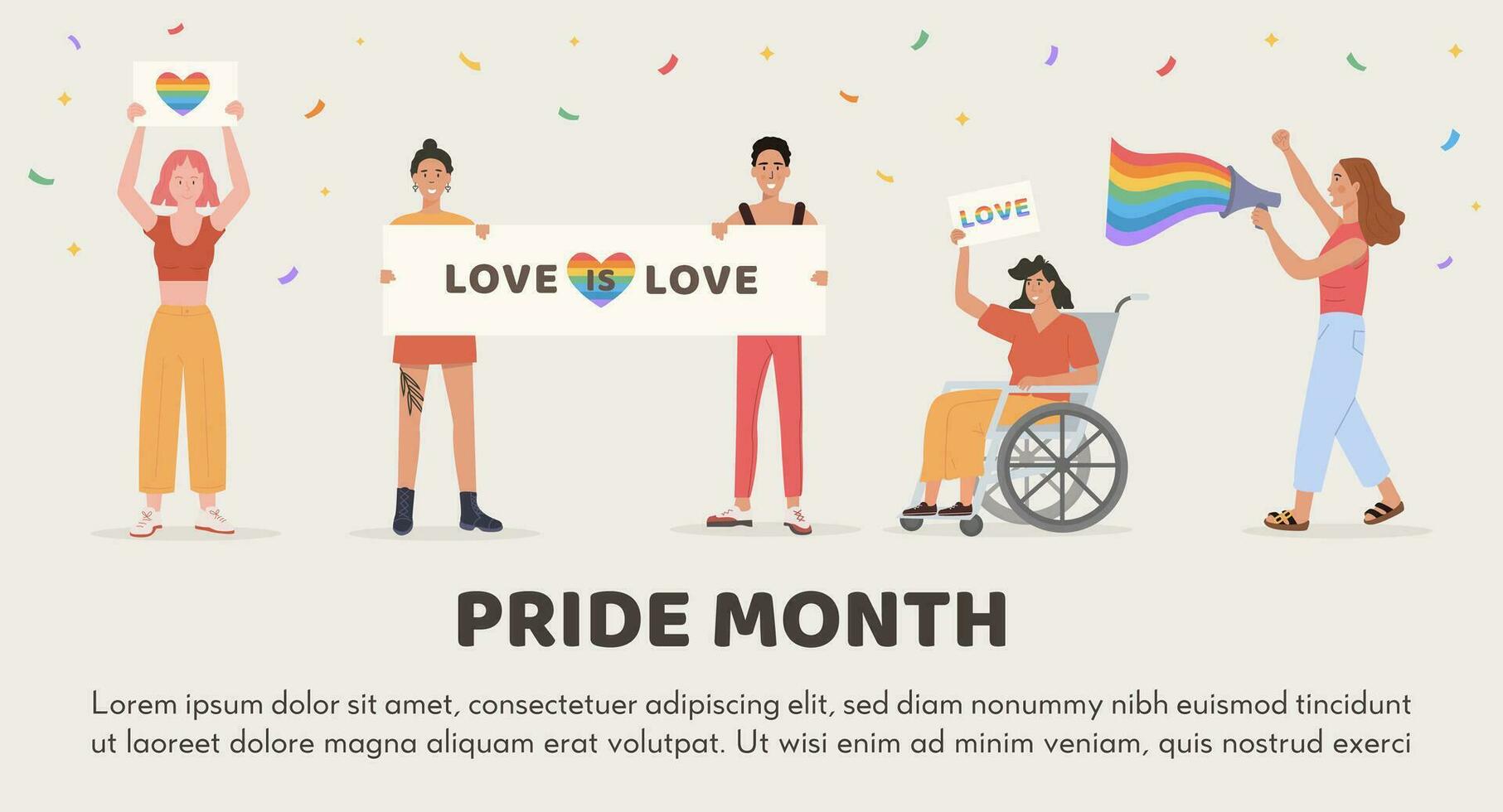 Vector Banner for Pride Month. People holding placard with rainbow heart and different slogan, signs and symbols at pride parade celebration. Group of Gay, lesbian, Transgender. Flat Illustration.