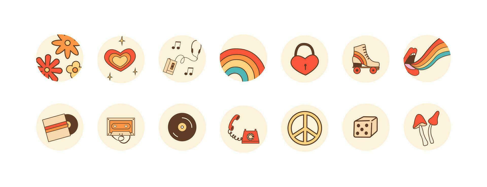 Hippie retro 60s 70s 80s highlights round icons set. Funky positive collection covers for social media insta blog. Vector flat cartoon style illustration.