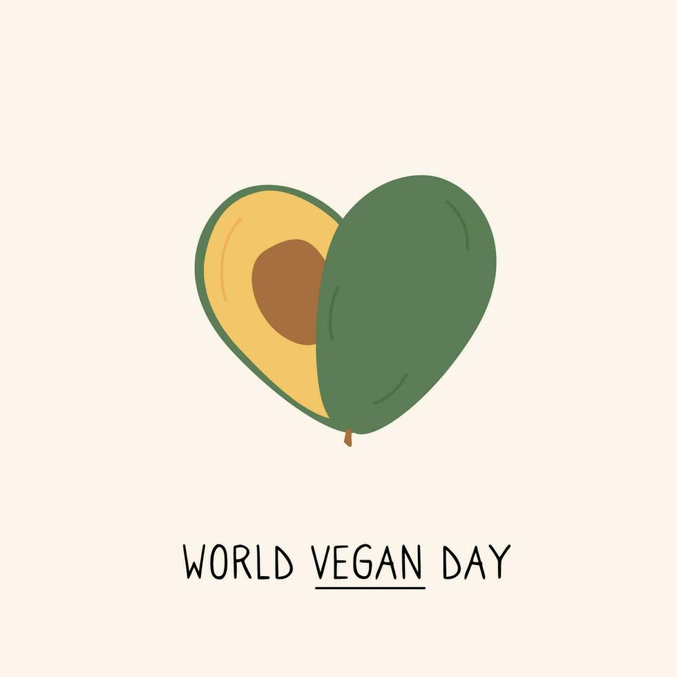 mundo vegano día saludo tarjeta. aguacate en corazón forma. linda minimalista impresión para vegetariano menú o orgánico tienda. vector mano dibujado de colores ilustración en plano estilo aislado en blanco antecedentes.