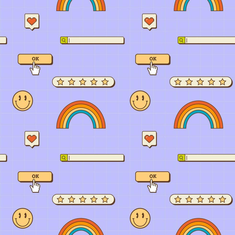 Abstract retro 80s 90s aesthetic groovy backgrounds with old computer user interface, nostalgic elements and stickers. Seamless pattern in vaporwave style. Vector illustration.