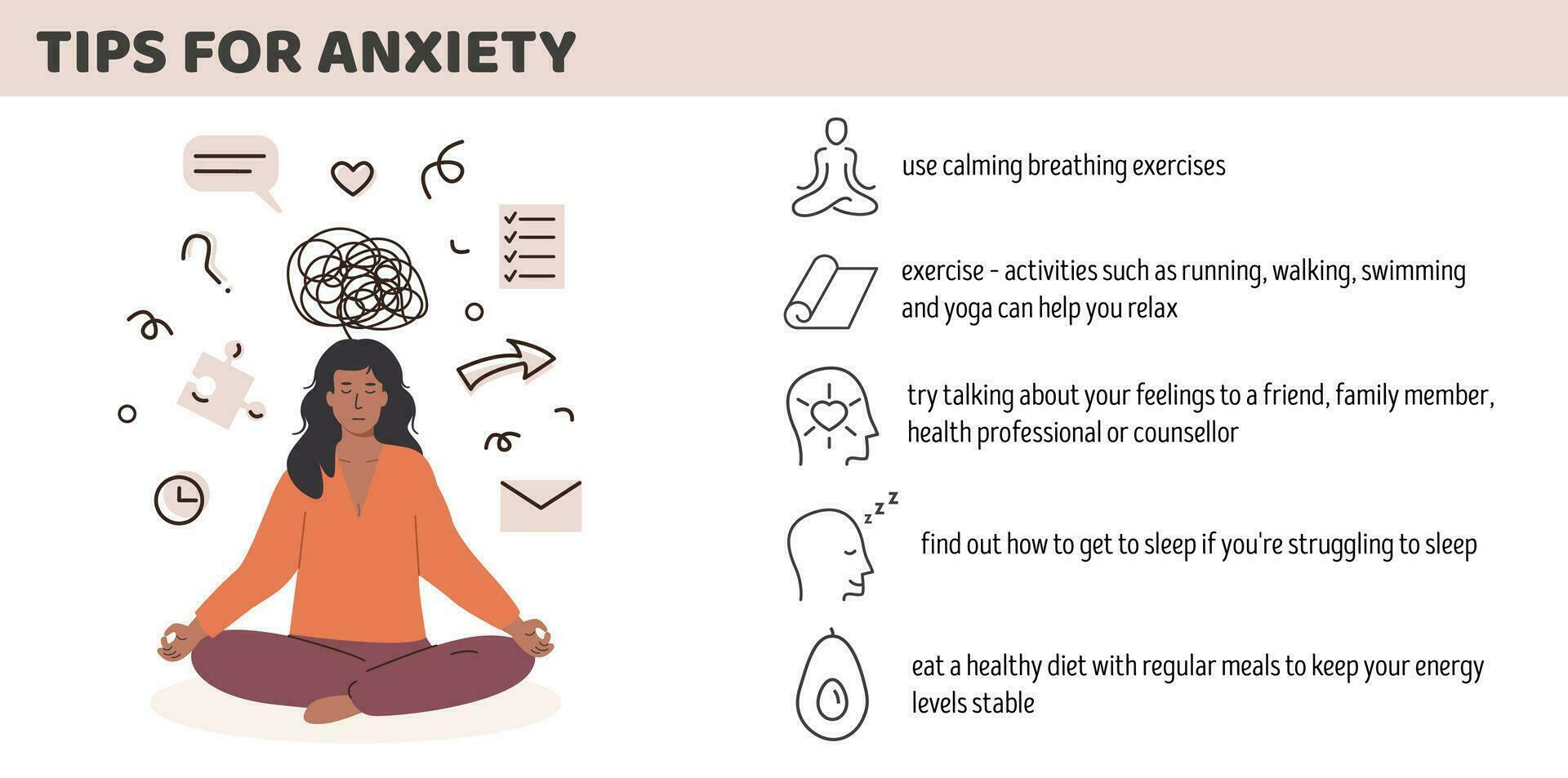 African or asian stressed woman with anxiety disorder. Useful tips for anxiety management infographic. Anxious person suffering with mental problem. Mental health concept. Vector illustration.