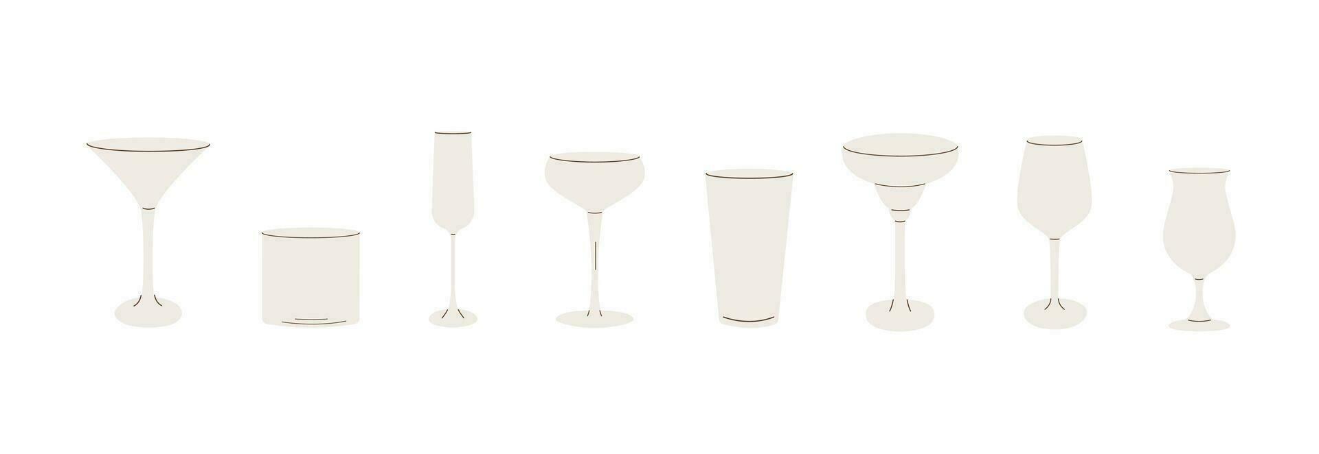 Vector set of cocktail glasses flat icons. Trendy modern simple style of different barware. Empty glassware for bar. Various glass for alcoholic beverages, drinks, juices and smoothies.