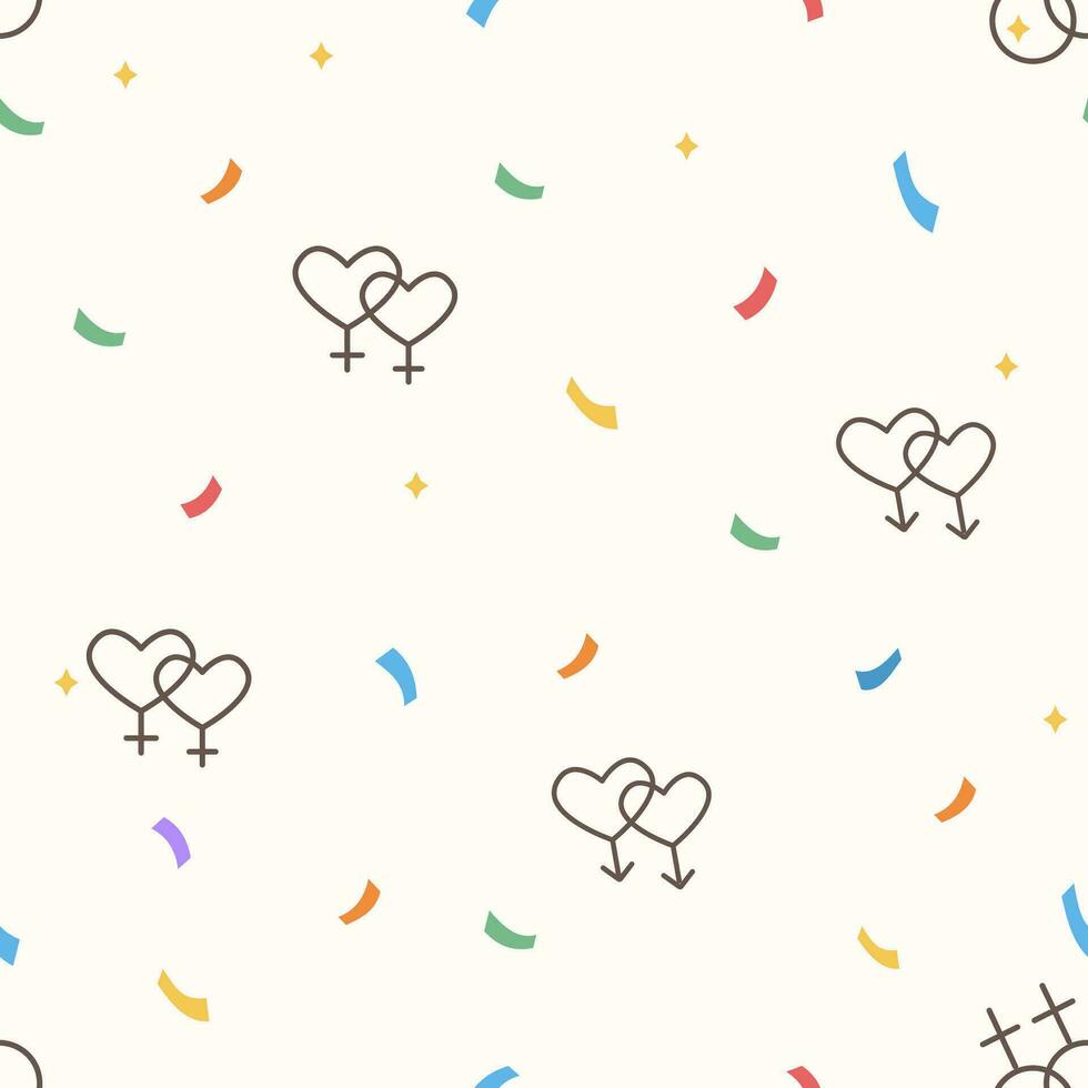 Seamless pattern with same sex signs. LGBT marriage icons. Colorful confetti. Queer community. Pride day. Gay parade. Flat style Illustration. vector