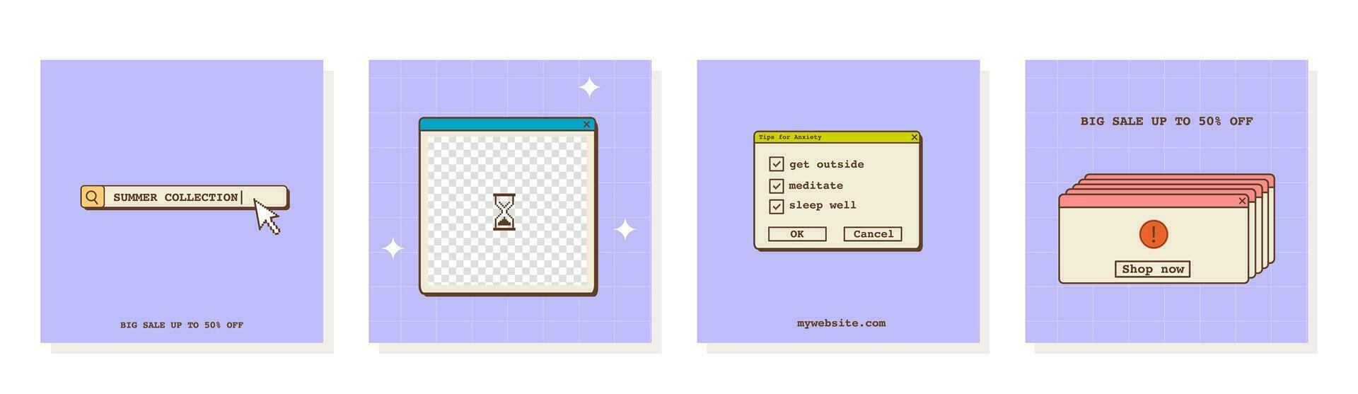 Set of vaporwave retro futuristic lofi post templates for social media. 80s 90s aesthetic square backgrounds with old computer user interface, dialog window and nostalgic elements. Vector illustration