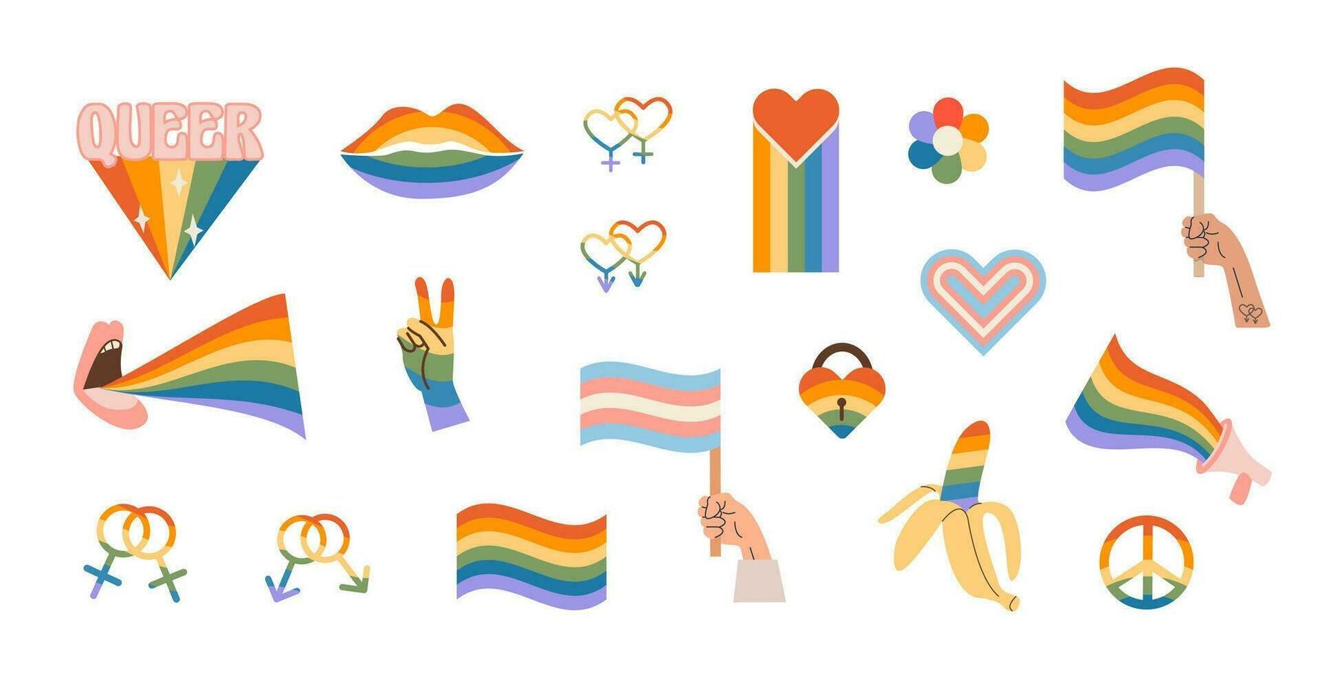 vector conjunto de lgbtq comunidad símbolos con orgullo banderas, género señales, retro arco iris de colores elementos. orgullo mes pegatinas gay desfile maravilloso celebracion. lgbt plano estilo íconos y eslogan recopilación.