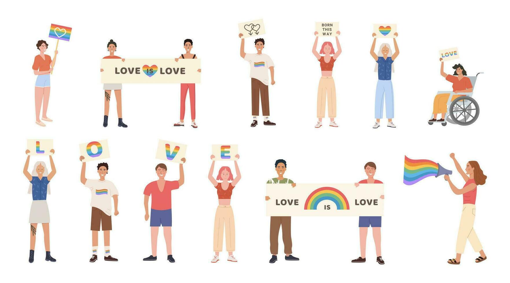 Crowd of people at pride parade. Men and women at demonstration for LGBT rights. Group of gay, lesbian, bisexual, transgender activists. Sexual diversity. Set of Vector characters for pride month.