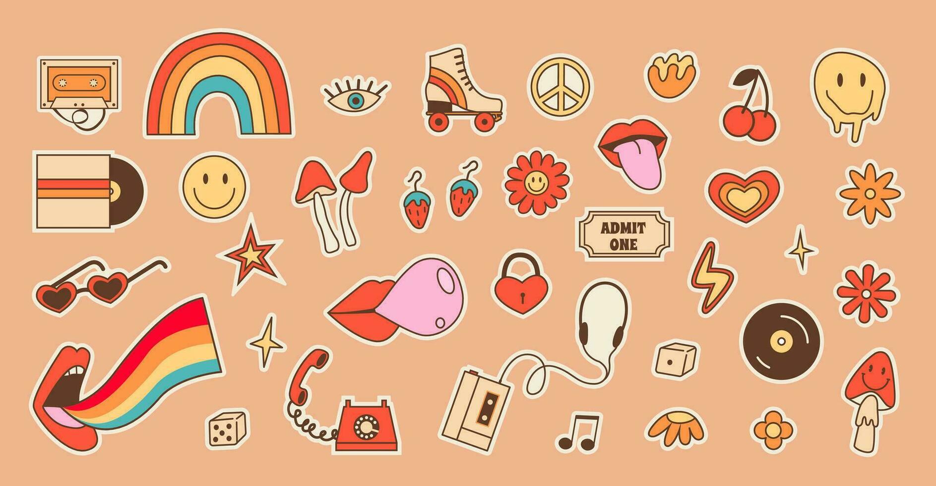 Big retro set of stickers with hippie culture elements. Positive psychedelic outline colored icons in 70s 80s style. Old fashioned vintage objects and signs. Vector illustration isolated on background