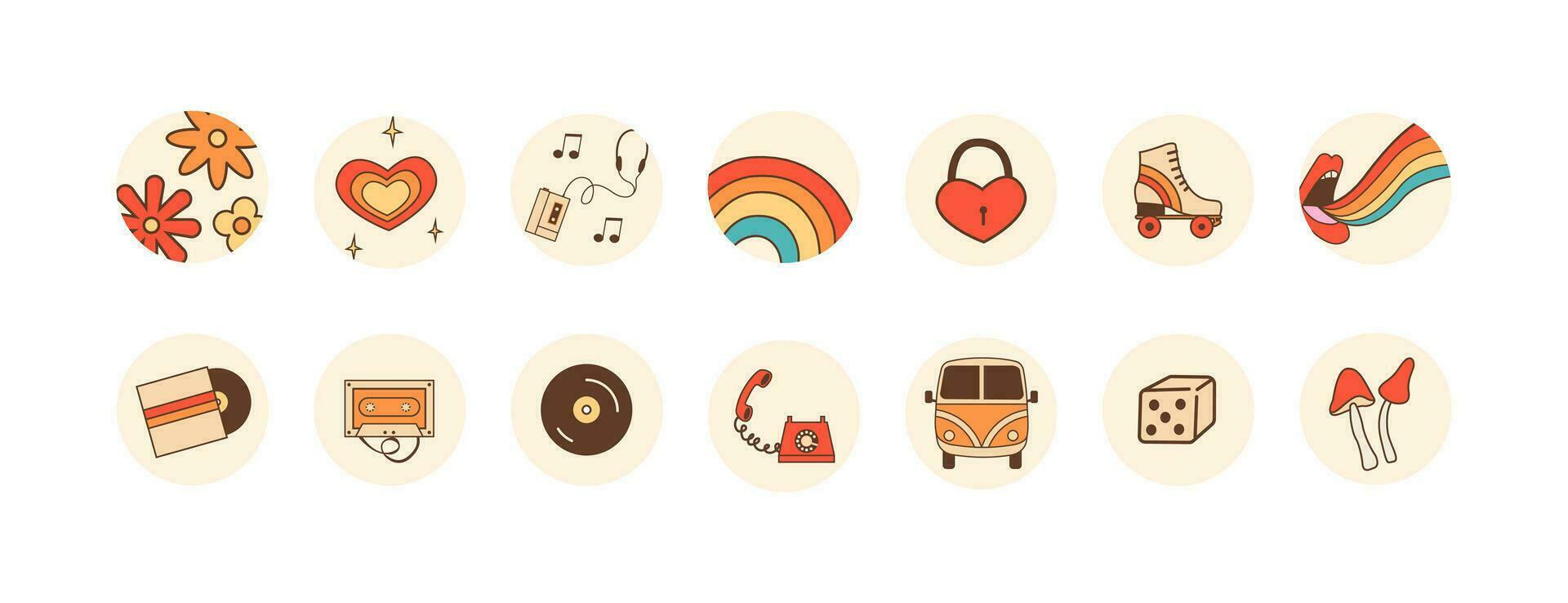 Hippie retro 60s 70s 80s highlights round icons set. Funky positive collection covers for social media insta blog. Vector flat cartoon style illustration.