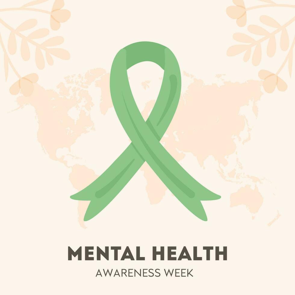 Mental Health Awareness square card. Green ribbon international symbol for mental illnesses. Medical health care banner. Vector illustration in flat style.