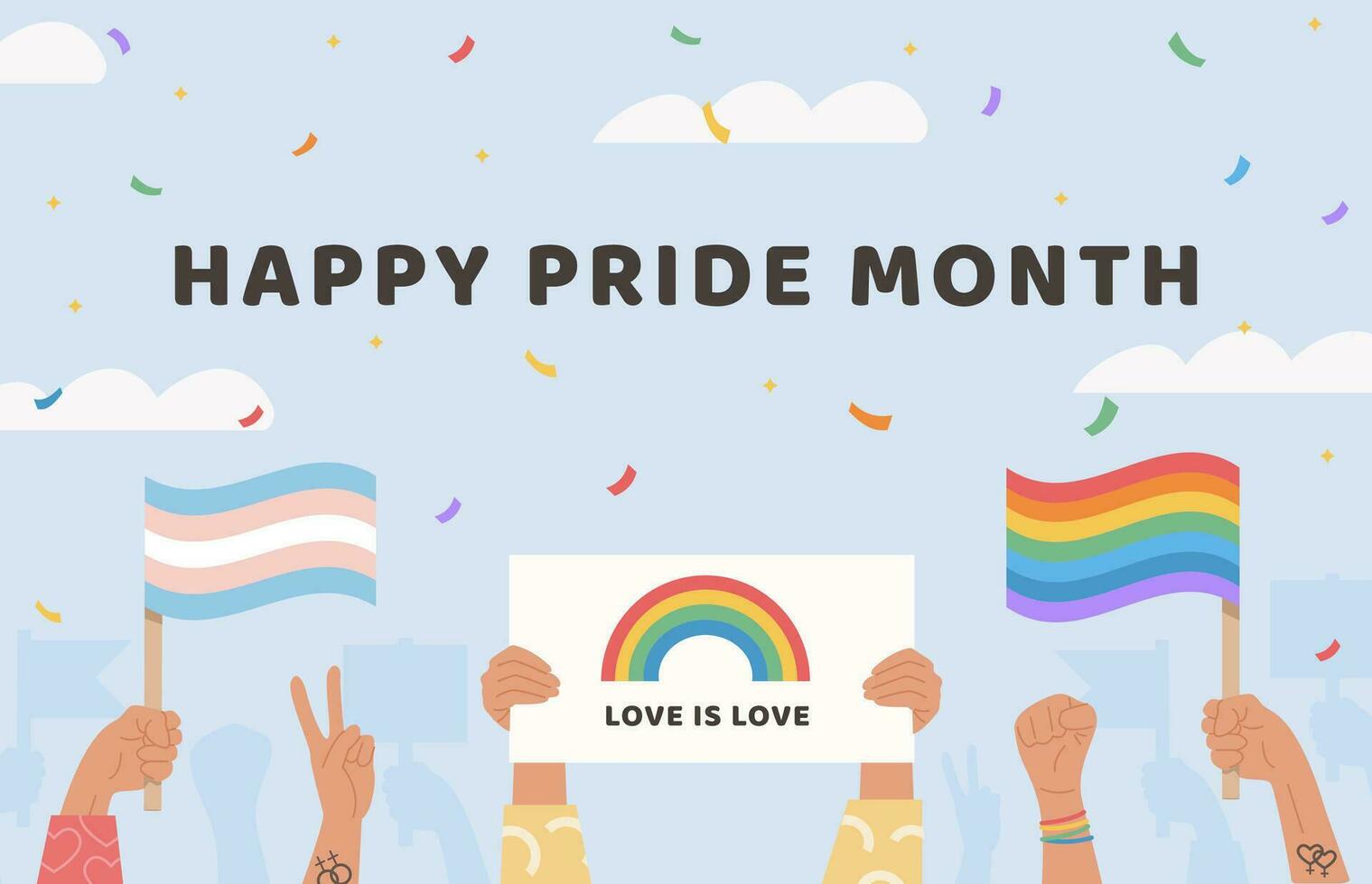 Vector Banner Happy Pride Month. People holding flags and placard with lgbt rainbow, signs and other symbols during pride parade celebration. Gay parade. Human rights, love is love. Flat Illustration.