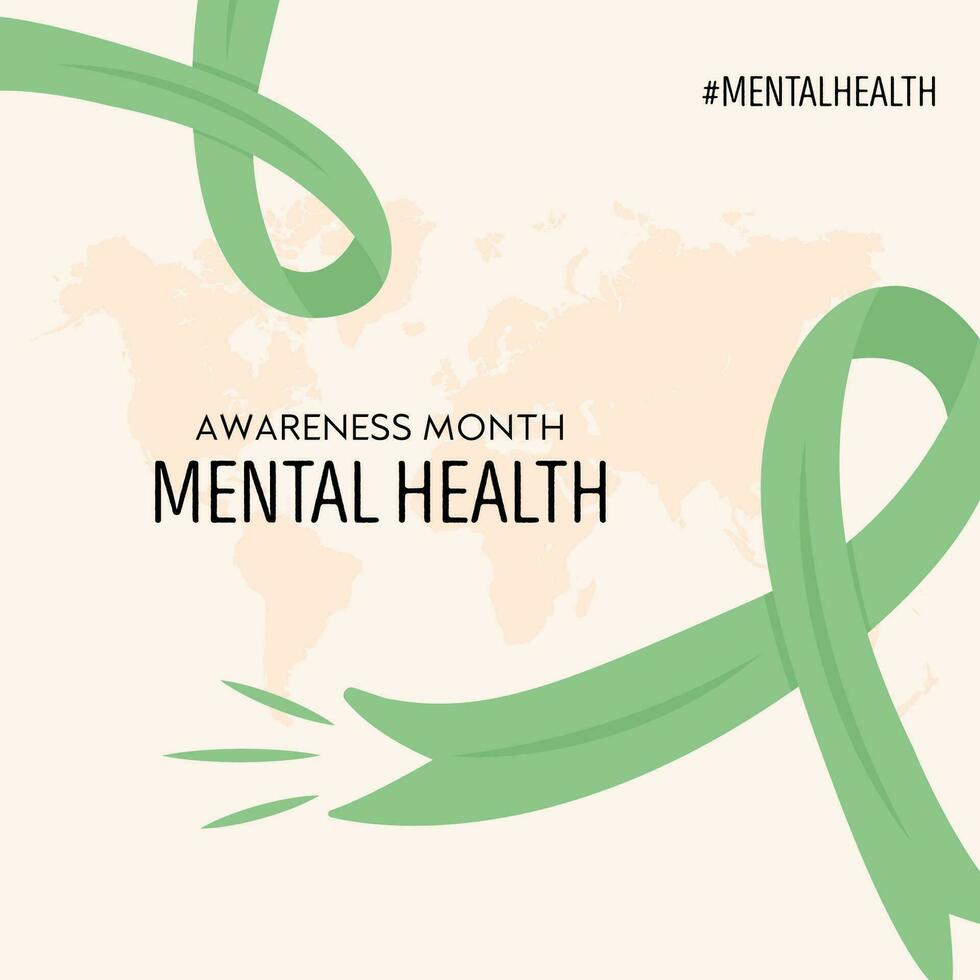 Mental Health Awareness square card. Green ribbon international symbol for mental illnesses. Medical health care banner. Vector illustration in flat style.