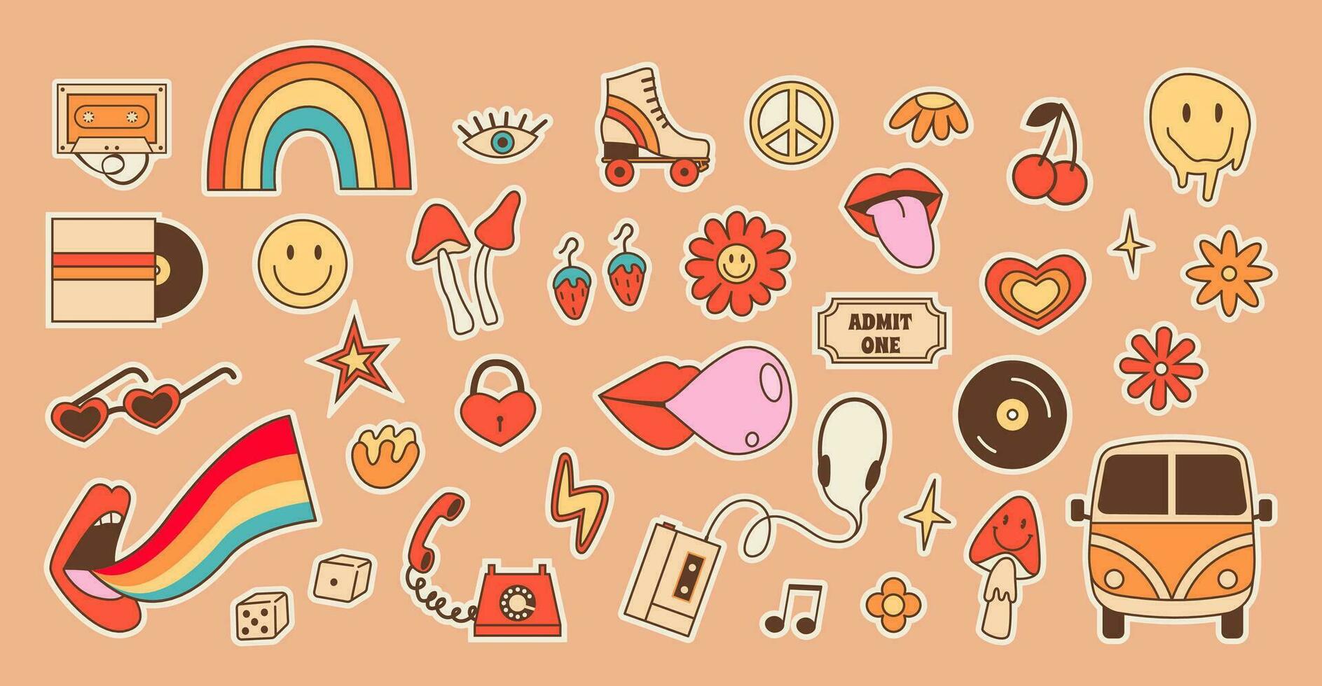 Big retro set of stickers with hippie culture elements. Positive psychedelic outline colored icons in 70s 80s style. Old fashioned vintage objects and signs. Vector illustration isolated on background