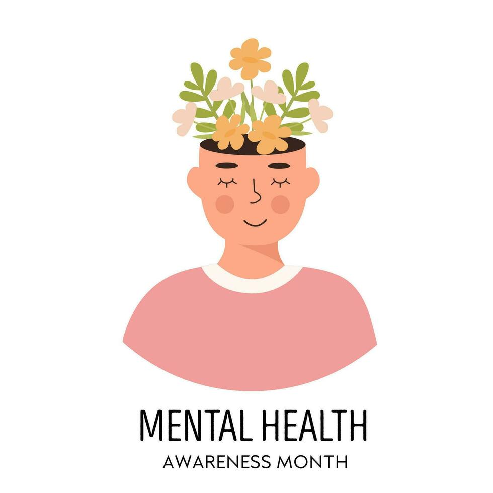 Cute character with flowers growing inside head. Psychotherapy concept. Mental Health Awareness Month square banner. Medical healthcare card. Vector illustration in flat style.