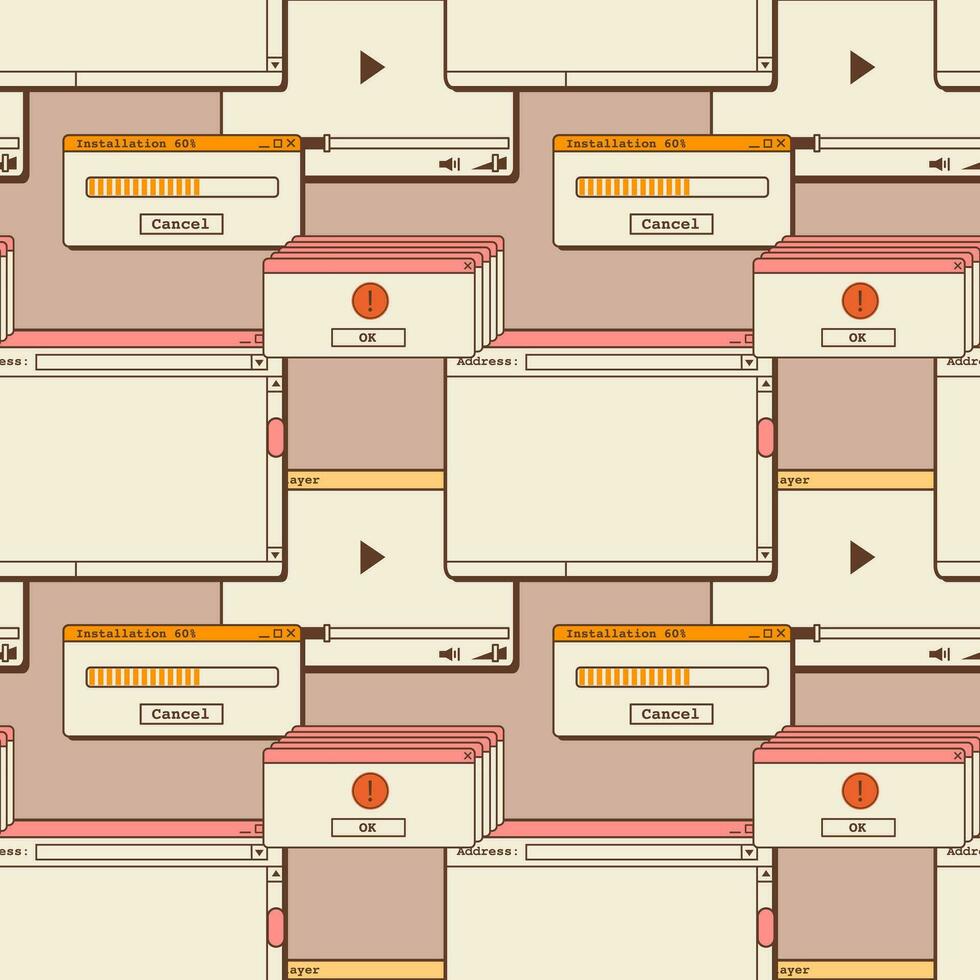 Abstract retro 80s 90s aesthetic groovy backgrounds with old computer user interface, nostalgic elements and stickers. Seamless pattern in vaporwave style. Vector illustration.