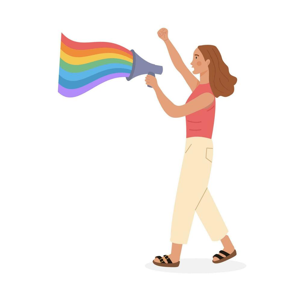 un lesbiana en moderno vestir con rosado pelo a orgullo desfile participación cartel con palabra amor en arco iris colores. niña a demostración para igual derechos. lgtb activista. vector plano dibujos animados personaje en blanco