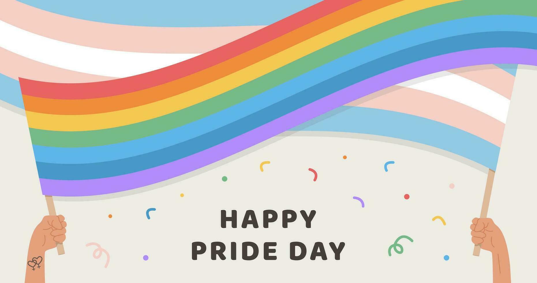 Vector Banner with caption Happy Pride Day. People Hands holding LGTB and Transgender flag during pride month celebration with confetti on background. Gay parade celebration. Poster. Flat Illustration