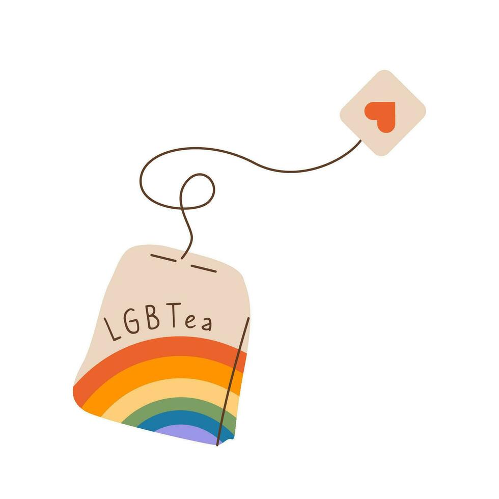 Creative cute sticker for Pride Month Celebration. Tea bag with inscription LGBTea. Graphic element with LGBTQ flag. Vector illustration in flat style isolate on white background.