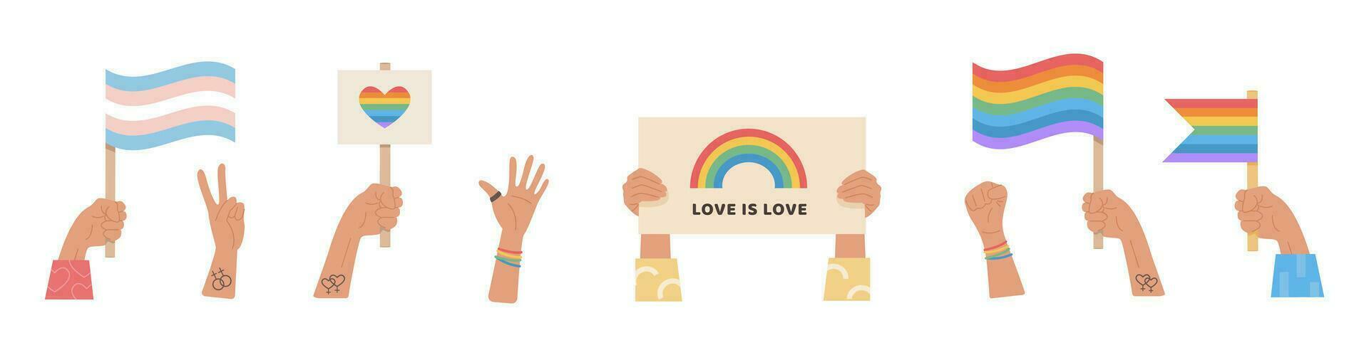 A crowd of people hold transgender and gay flags, placard with lgbt rainbow, signs during pride month celebration. Hands with symbols for LGTBQ parade. Vector illustration isolated on white background