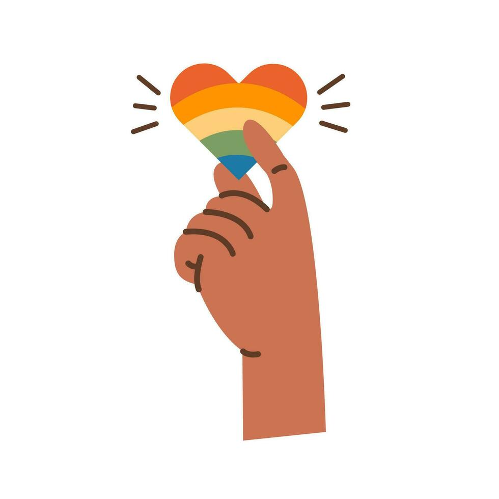 A hand holding a heart in rainbow flag colors flat icon. African american diverse people supporting LGBTQ community. Pride Month design. Gay and Lesbian Love. Same sex marriage. Vector illustration.