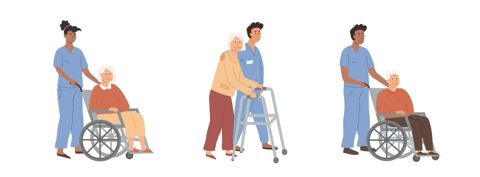 Set of diverse female and male nurses or volunteer workers taking care of old age people on wheelchair and elderlies with walker. Seniors at nursing home or hospital. Vector flat illustration isolated