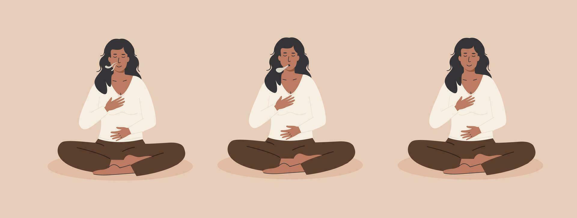 Set of yoga postures. Young female doing abdominal exercise. Woman exhaling and inhaling. Deep belly breathing practice. Meditation, diaphragm breathing, pranayama yoga. Vector flat style illustration