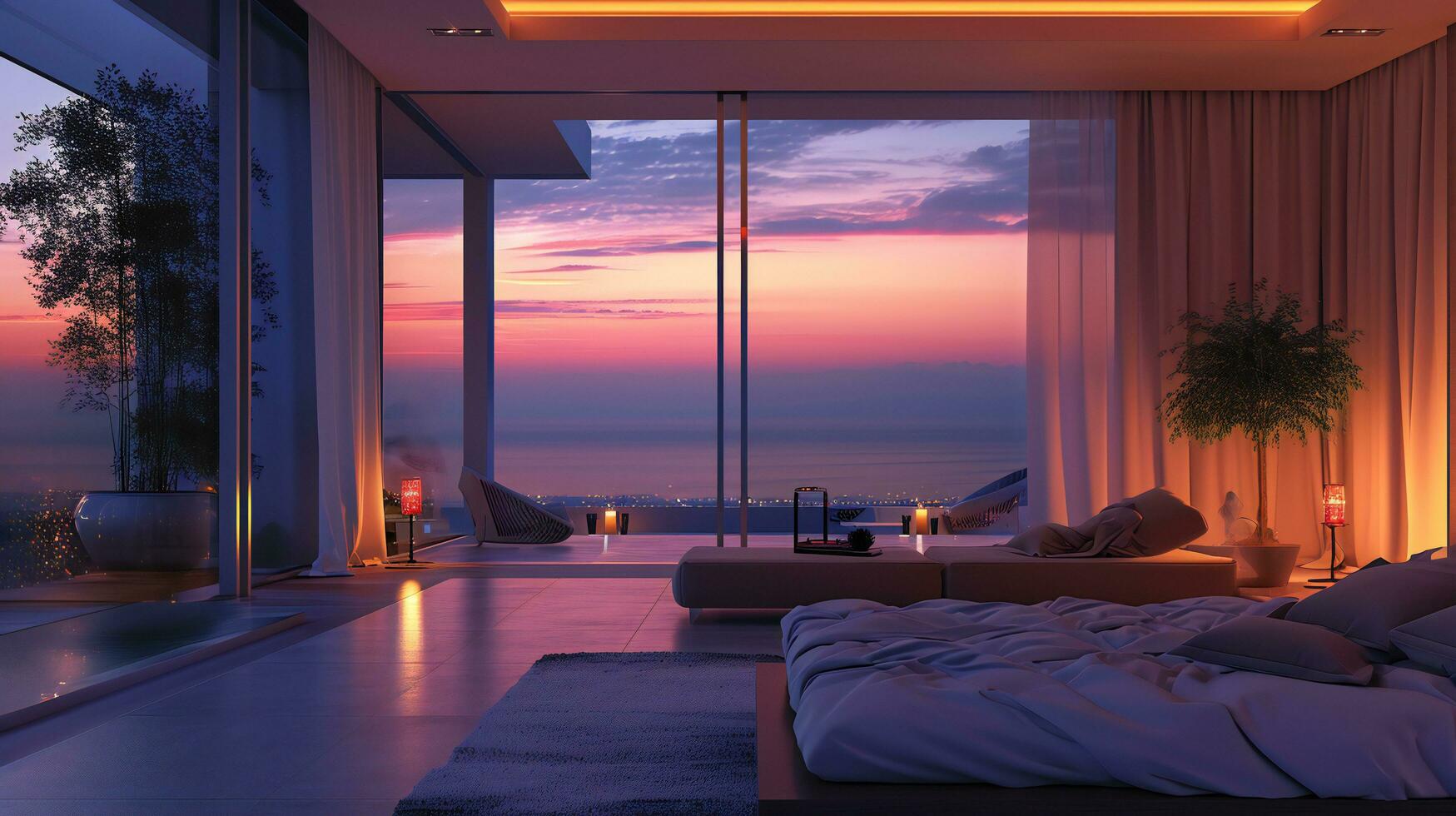 AI generated Modern Bedroom with Sunset View and Tranquil Design photo