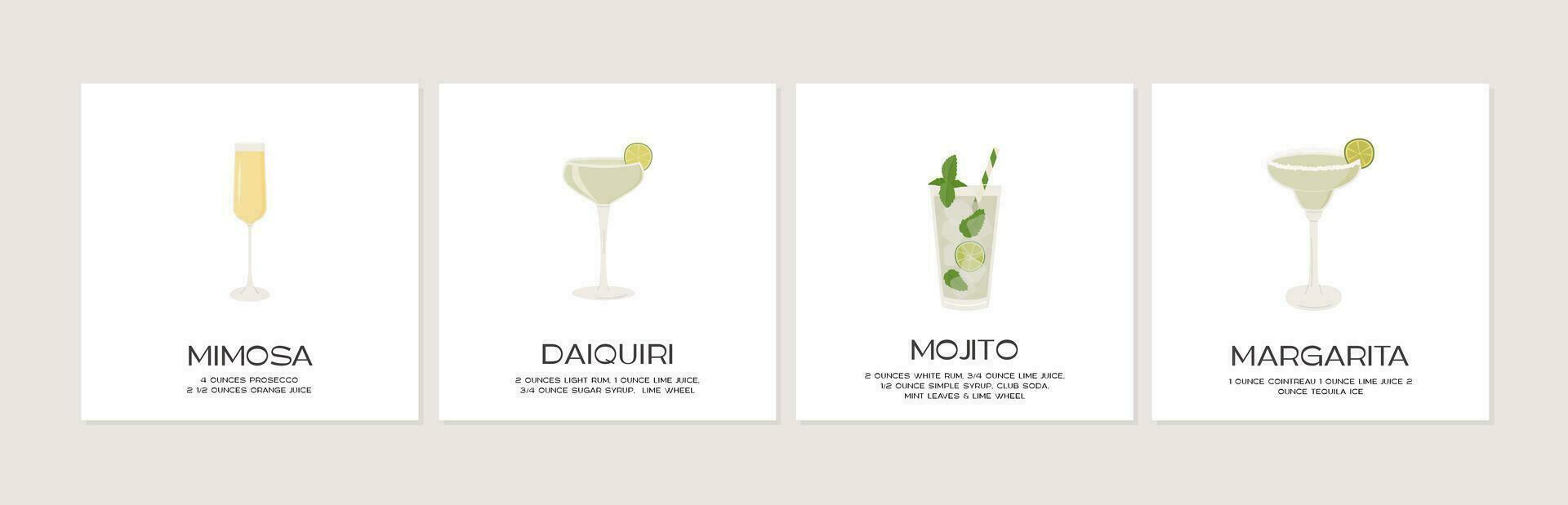 Set of classic cocktails recipe cards. Different alcoholic drinks in glasses with ice and garnishes. Summer aperitif. Mimosa, Mojito, Margarita and Daiquiri alcohol beverages. Vector flat illustration