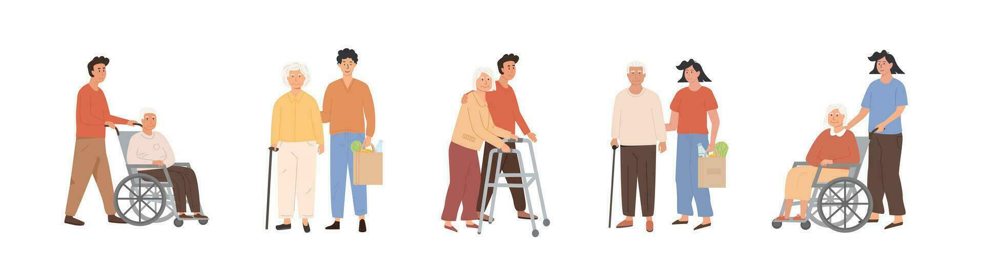Set of diverse female and male nurses or volunteer workers taking care of old age people on wheelchair and elderlies with walker. Seniors at nursing home or hospital. Vector flat illustration isolated