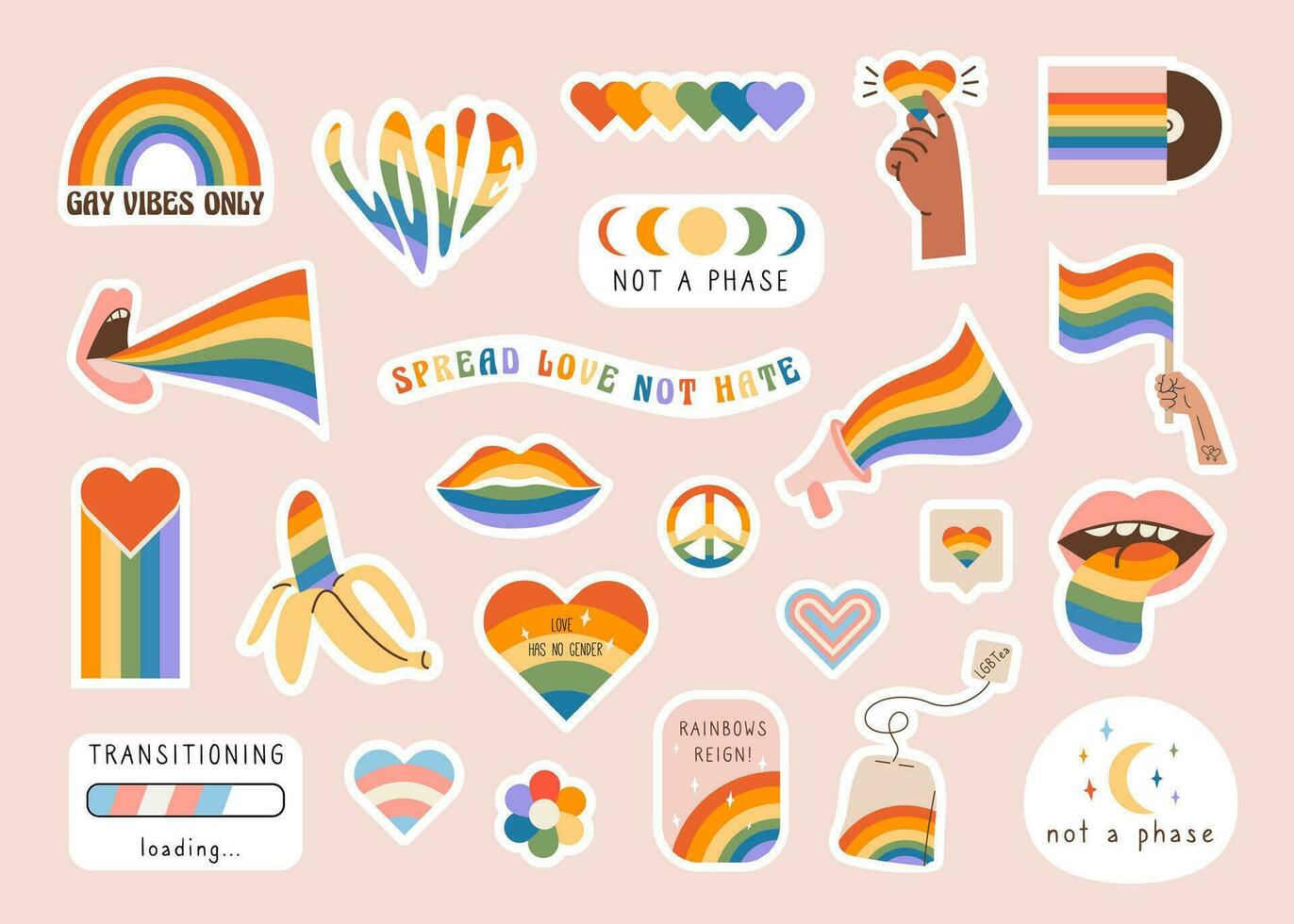 Vector set of LGBTQ community symbols with retro rainbow flag colored elements, pride symbols, gender signs. Pride month slogan and phrases stickers. Gay parade groovy celebration. Illustration.