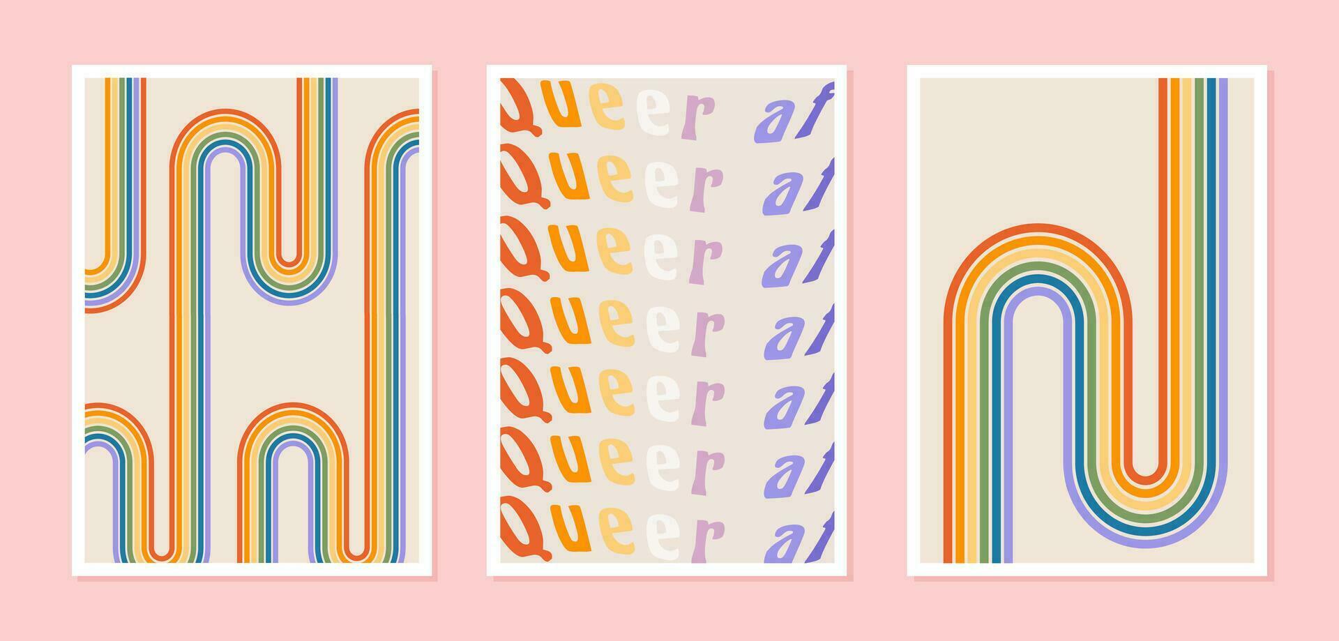 Pride month posters with rainbow and gay vibes phrase in retro groovy 60s 70s style. Set of queer vertical greeting cards with mid century rainbow. Greeting cards with positive rainbow colors. Vector. vector