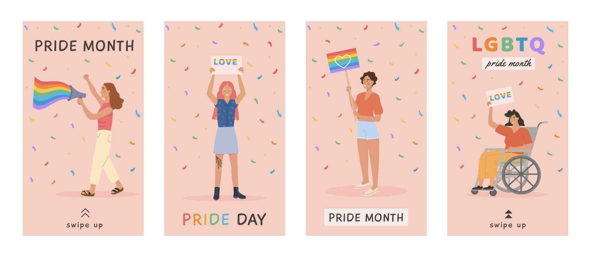 Vector Banner Template Set with LGBTQ people holding flags and placards. Social media post, stories templates. Vertical posters with LGBT rainbow flag. Background for pride month. Flat Illustrations.