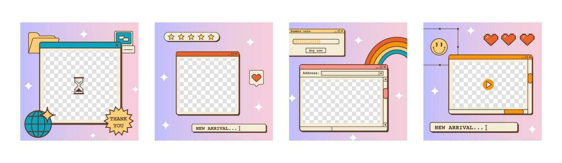Set of vaporwave retro futuristic lofi post templates for social media. 80s 90s aesthetic square backgrounds with old computer user interface, dialog window and nostalgic elements. Vector illustration