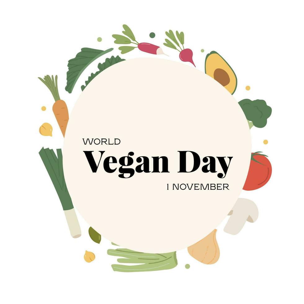 World Vegan Vegetarian Day. Round vegetable frame with place for text. Circle of healthy organic veggies. Square card template for dietary food concept. Vector flat illustration on white background.
