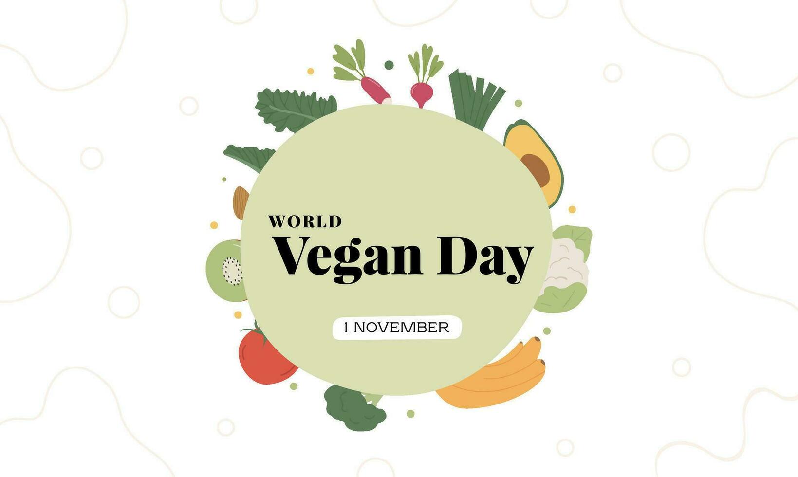 World Vegan Day. Round vegetables and fruits frame poster. Circle of healthy organic veggies with place for text. Banner template for dietary food concept. Vector flat illustration on white background