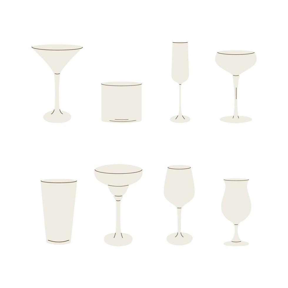 Vector set of cocktail glasses flat icons. Trendy modern simple style of different barware. Empty glassware for bar. Various glass for alcoholic beverages, drinks, juices and smoothies.