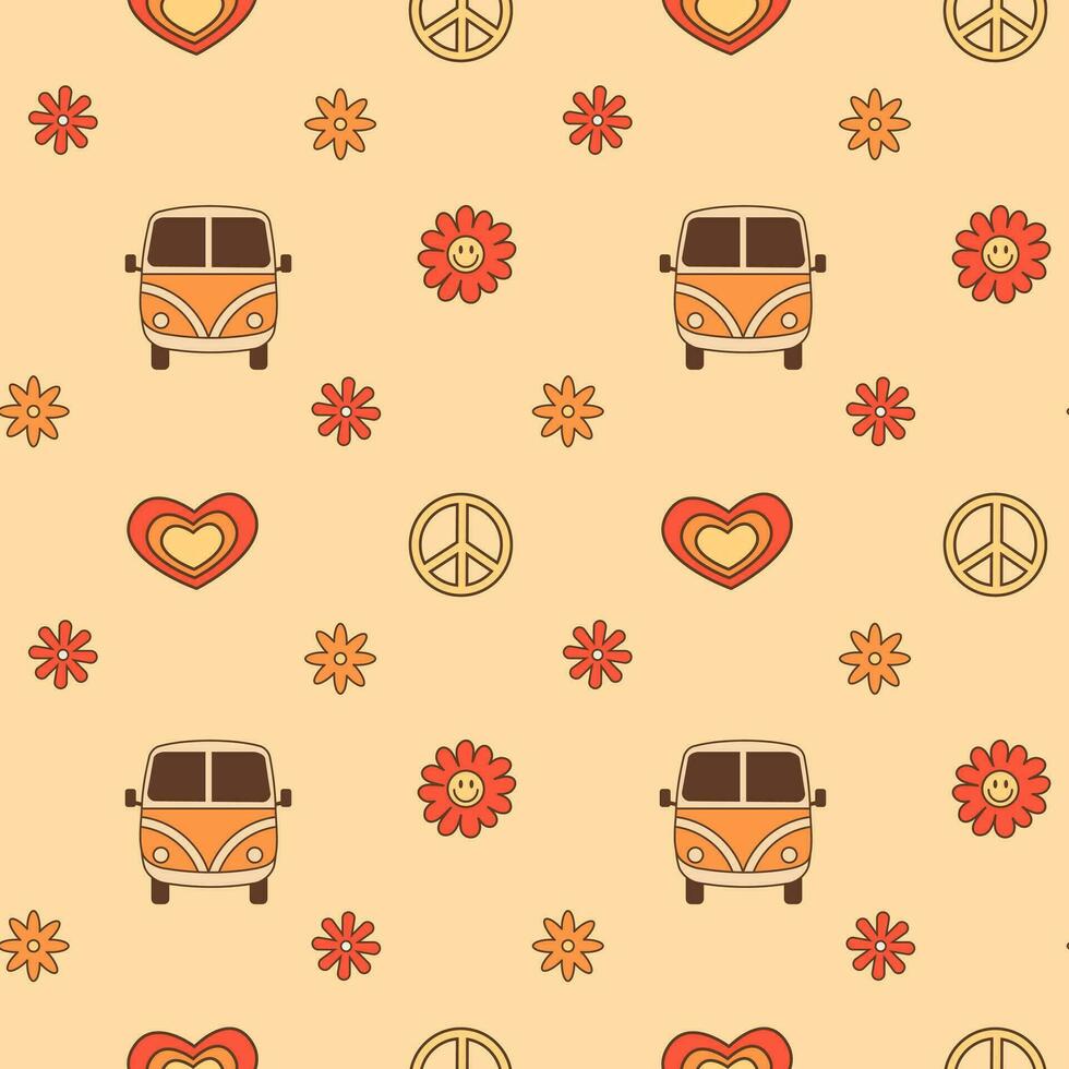Retro seamless pattern with vintage camper van, smiling flowers and peace sign. Retro hippie culture inspired background with 70s 80s nostalgia comic style elements. Vector illustration.