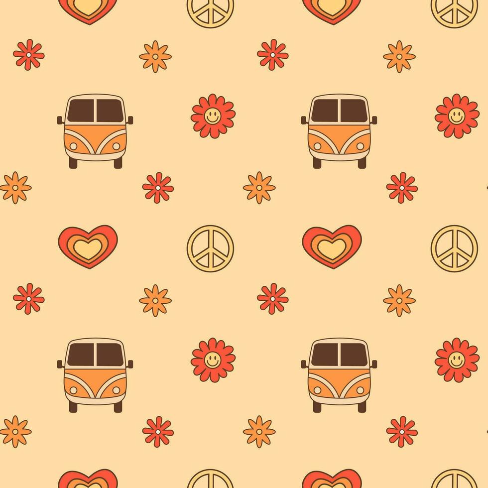 retro sin costura modelo con Clásico camper camioneta, sonriente flores y paz signo. retro hippie cultura inspirado antecedentes con 70s Años 80 nostalgia cómic estilo elementos. vector ilustración.