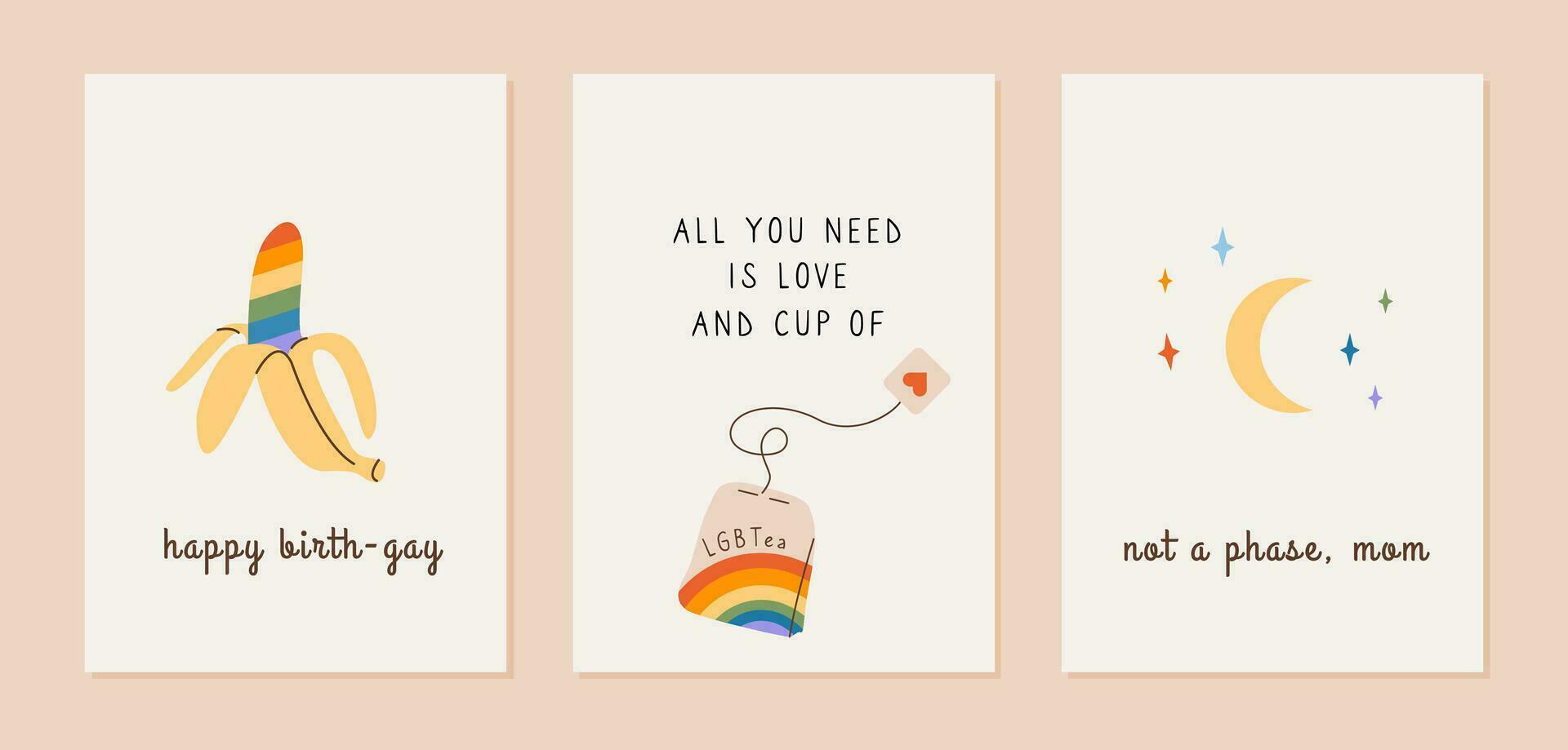 linda saludo tarjetas con lgbt simbolos orgullo mes póster con arco iris de colores banana, té bolso con lgbtea frase y Luna con vistoso estrellas. queer vertical tarjetas en blanco antecedentes. vector. vector