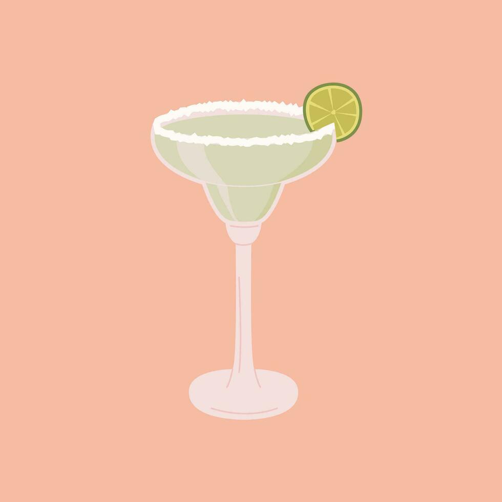 Margarita cocktail with salt and wedge of lime isolated on background. Classic alcoholic beverage in Mexico. Glass of drink with lemon. Vector flat style illustration.